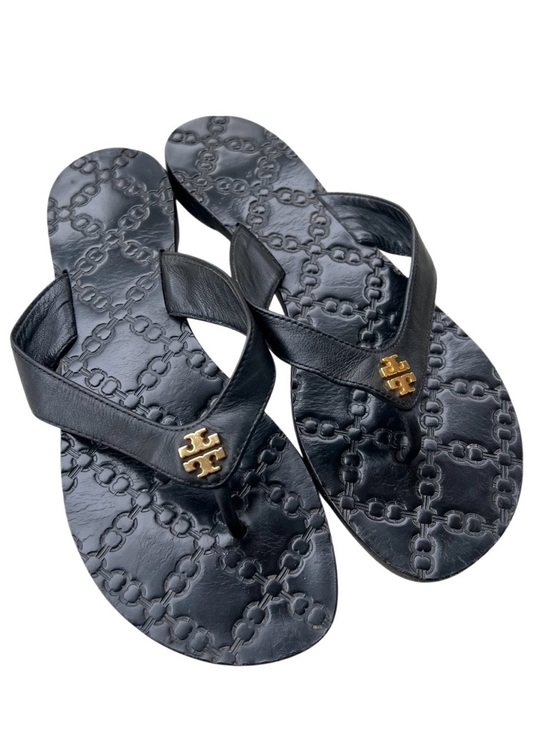 Tory Burch Shoes - Tory Burch Black Leather Embossed Logo Thong Sandals with Gold Emblem Size 6 1/2